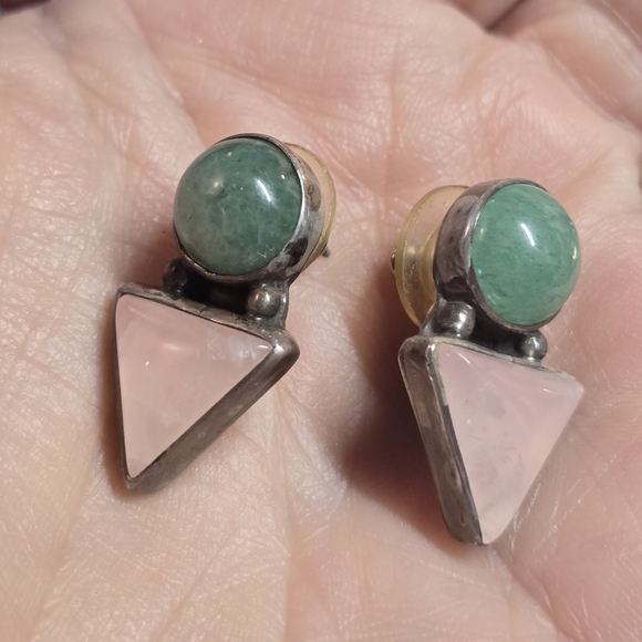 Vintage Designer Carol Felley Rose Quartz & Aventurine Sterling Silver Earrings - Picture 3 of 3